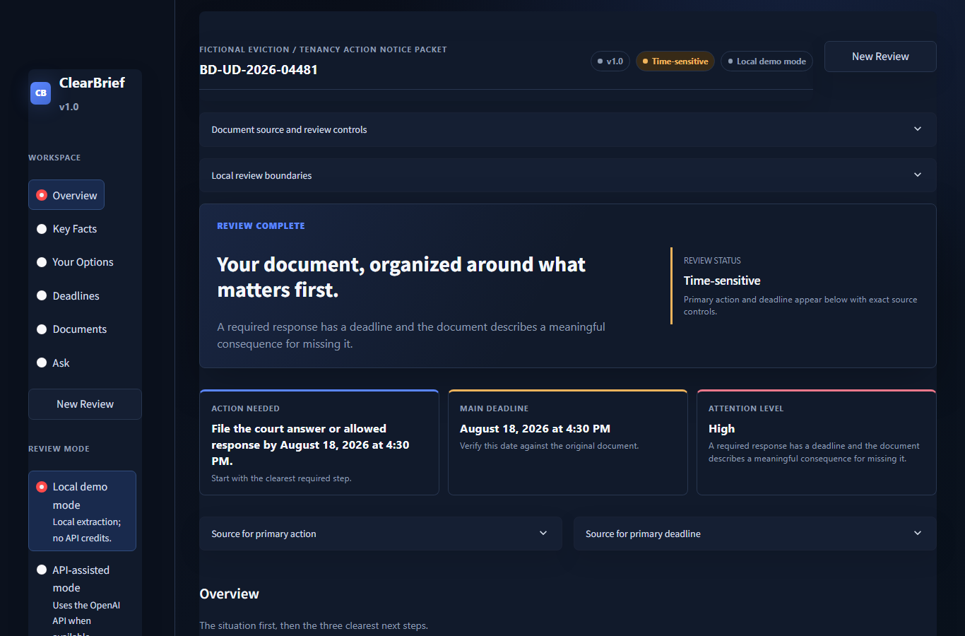 ClearBrief desktop review of a fictional notice with required action, deadline, and source controls