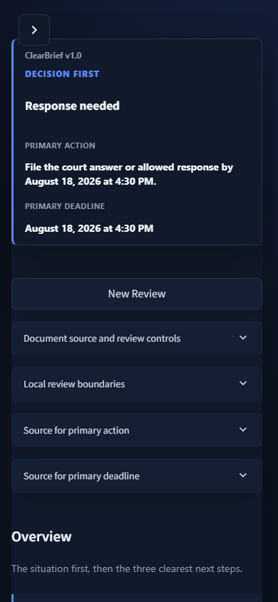 ClearBrief phone review of a fictional notice with the response decision and deadline shown first